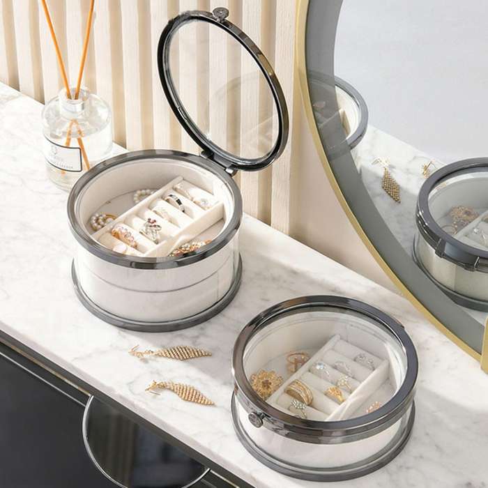 Round Gray Single-layer Jewelry Storage Box Glass Dust-proof Box