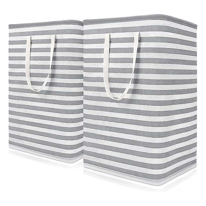 2pcs 75l Grey Stripe Laundry Basket Collapsible Freestanding Laundry