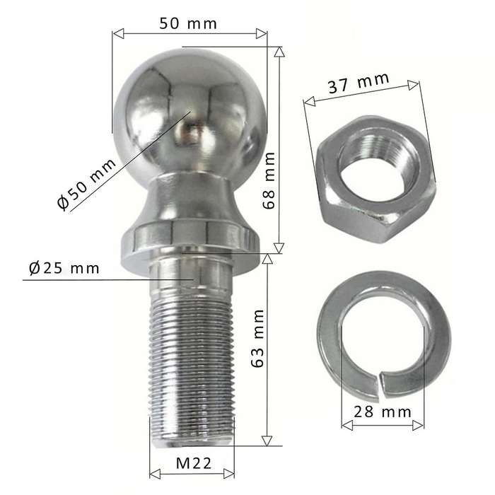 Trailer Coupling Ball 50mm M22 Ball Head Bolt