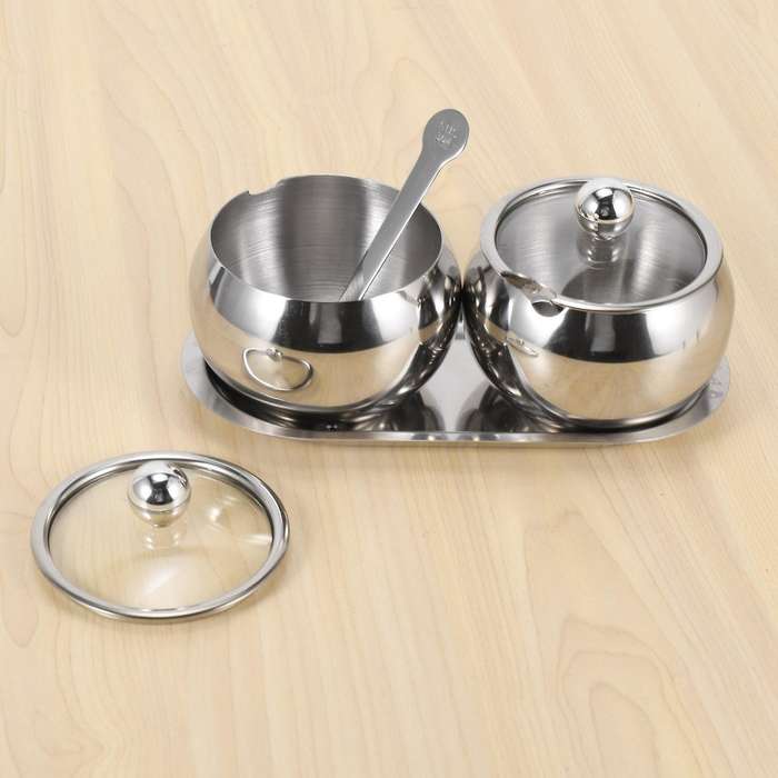 Sugar Bowl with Lid and Spoon,2 Stainless Steel Spice Jars Set,silver
