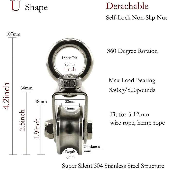 U Type Swivel Pulley 304 Stainless Steel Duplex Bearing Detachable