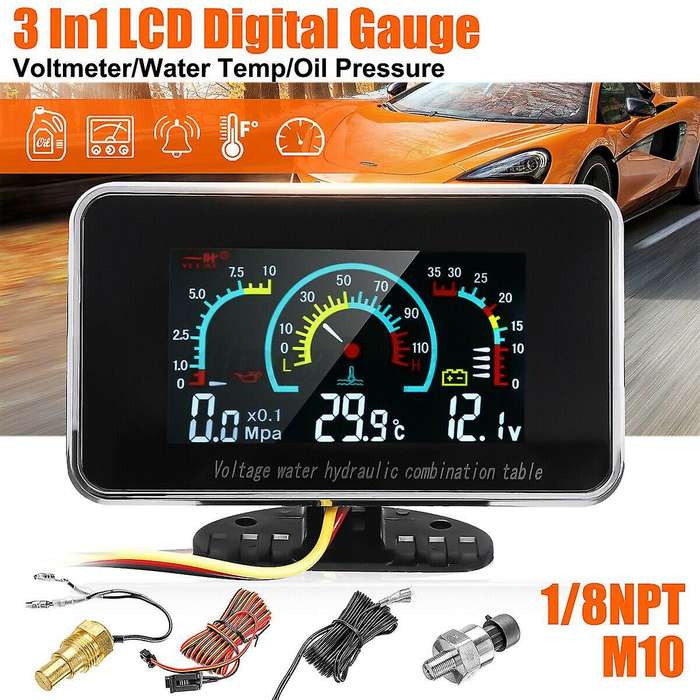 3 In1 Lcd Car Digital Gauge Voltmeter/oil Pressure/water Temp 12-24v
