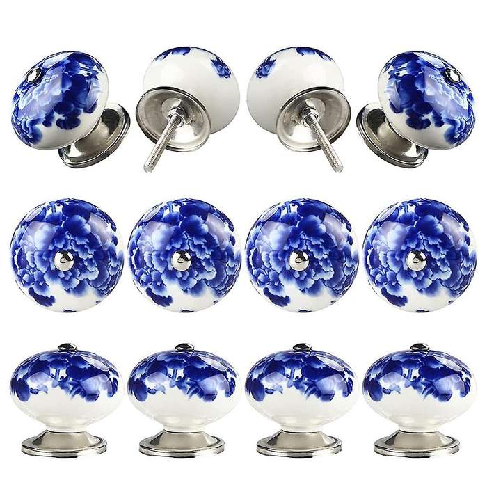 12pcs Handmade Ceramic Door Knobs for Cupboards Cabinet Blue On White
