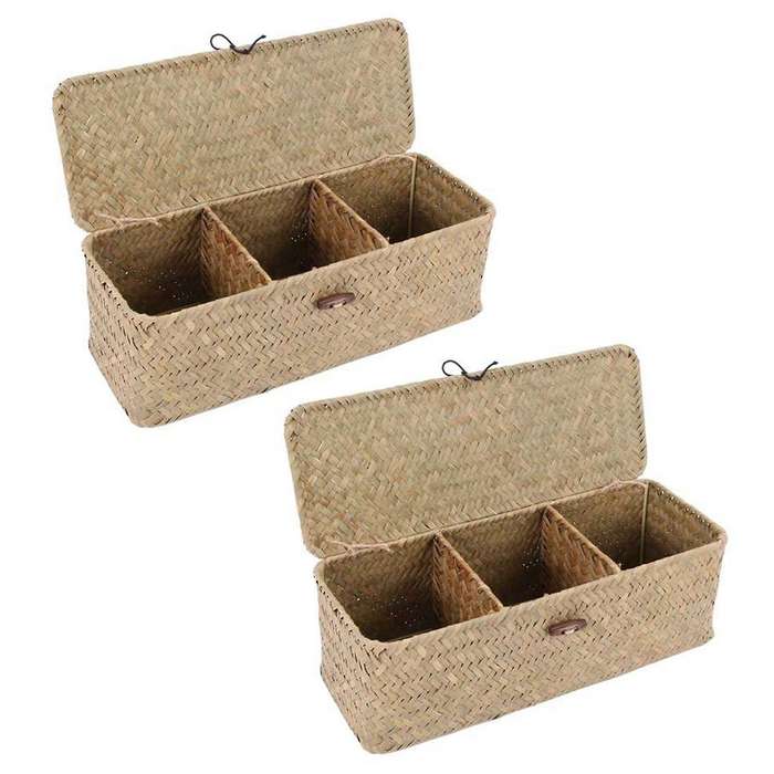 2x Toilet Paper Basket- 3 Plaid Rattan Basket- Cosmetic Basket