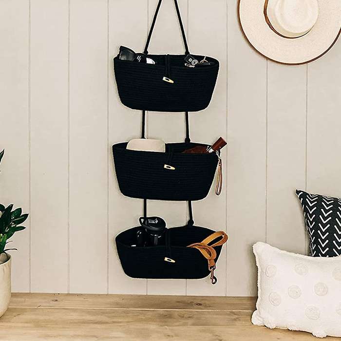 Rope Over The Door Basket 3-tier Wall Hanging Basket-black