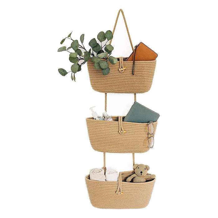 Rope Over The Door Basket 3-tier Wall Hanging Basket- Camel