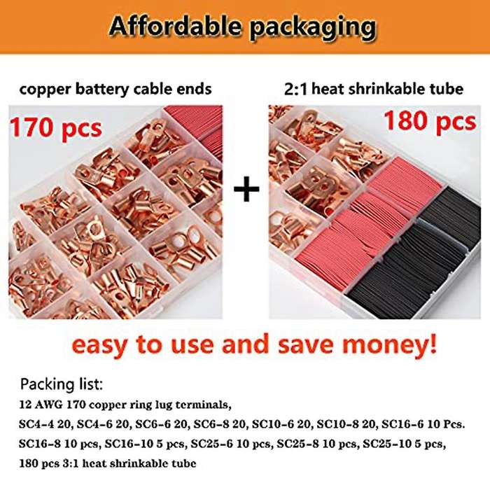 170pcs Copper Battery Cable Ends+180 Heat Shrinkable Tubes Connectors