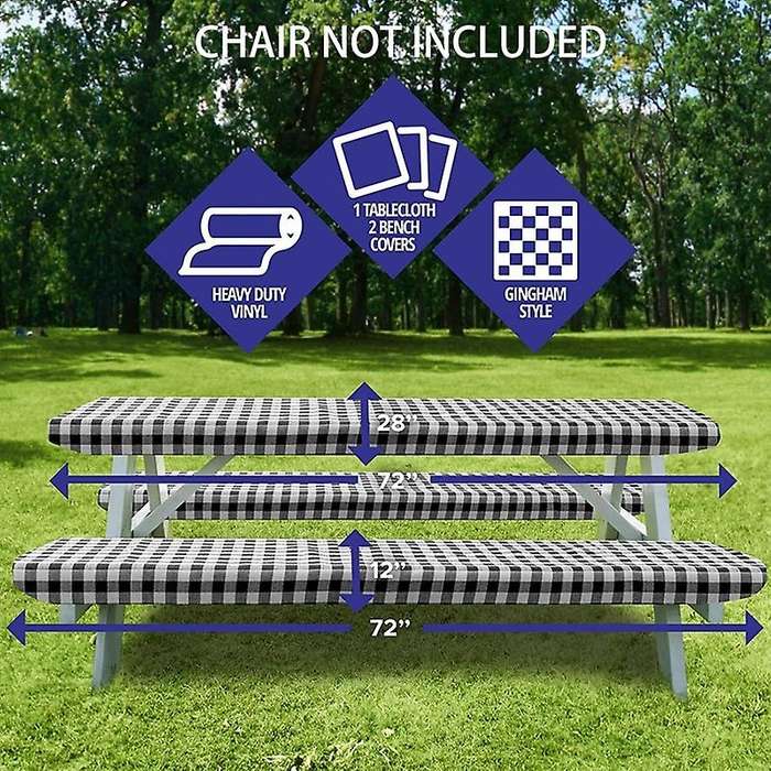 Vinyl Picnic Table &bench Fitted Tablecloth Cover, 3-piece Set, Black