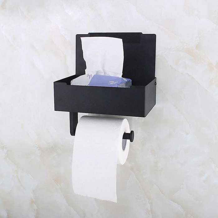 Toilet Paper Holder for Bathroom with Wipe Storage Shelf, Black Wall