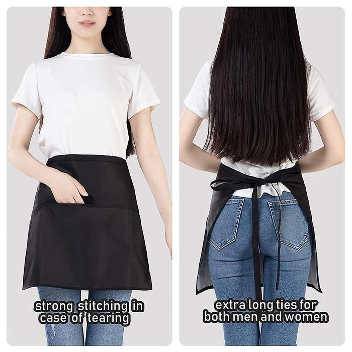 6 Pieces Front Tie Apron, Black Waist Apron with 3 Pockets, Waiter's