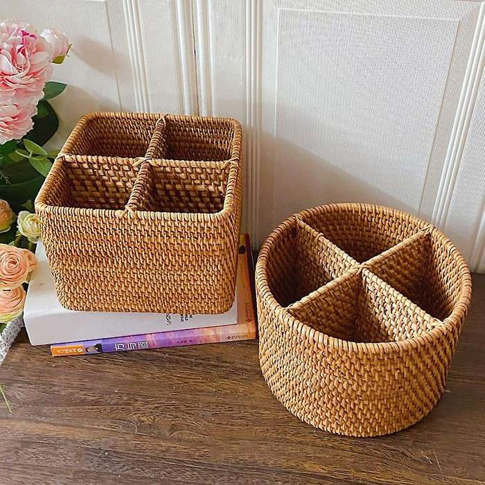 Hand-woven Rattan Wicker Basket 4 Compartment Storage Boxes S