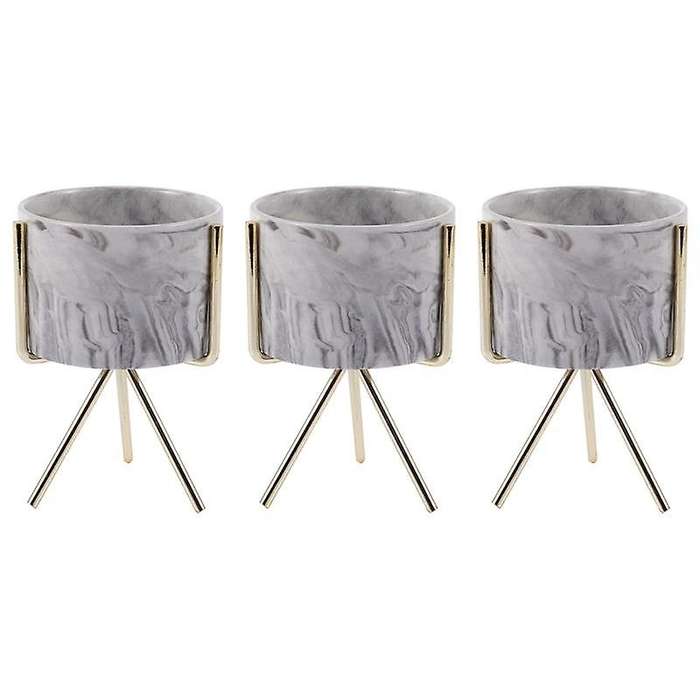 3x Marble Vase Wrought Iron Flower Pot Gold + White Ceramic S