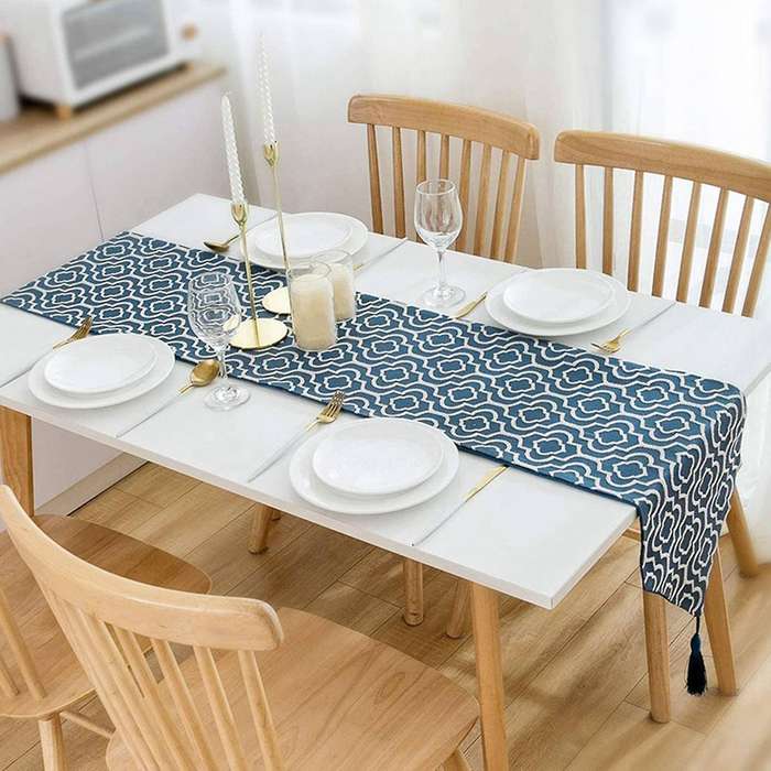 2x Blue Table Runner 86 Inches Jacquard Coffee Table Runner
