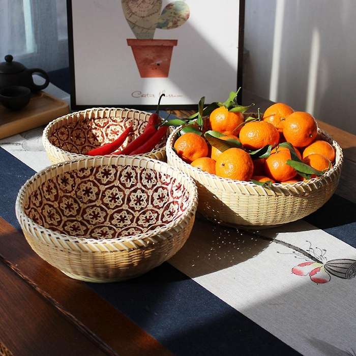 Bamboo Picnic Tray Handmade Room Snack Fruit Bowl Vegetable Basket