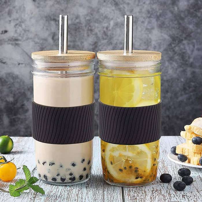2 Pack Wide Mouth 24oz Mason Jars Drinking Glasses,with Bamboo Lids
