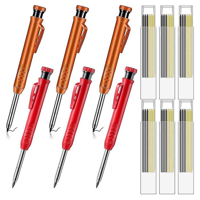 6 Piece Solid Carpenter Pencils with 36 Refill Leads Construction B
