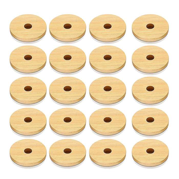 Bamboo Jar Lids with Straw Hole Reusable Jar Lids Leak Proof 20pcs