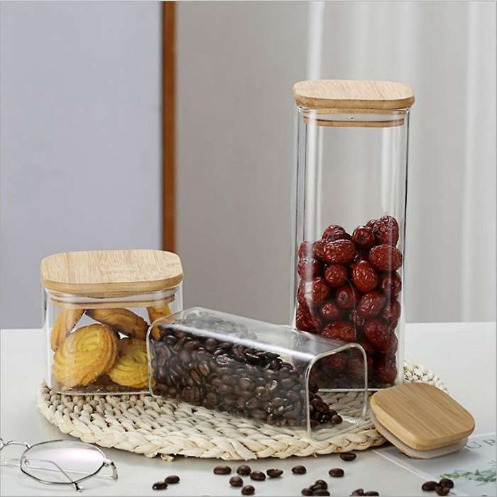 3pcs Square Glass Sealed Jar Food Dry Fruit Storage Box Tea A