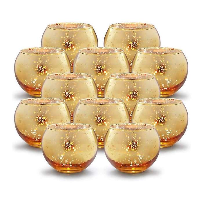 Round Golden Wishing Candle Holder Mercury Glass Holder 12-pcs Set A
