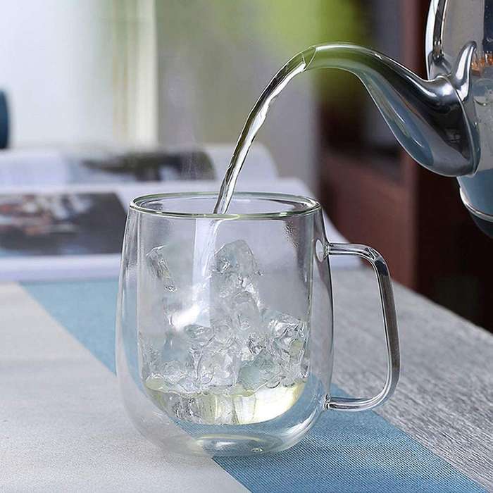 Double Wall Glass Coffee Mugs Tea Cups Set Of 2, with Handle (300ml)