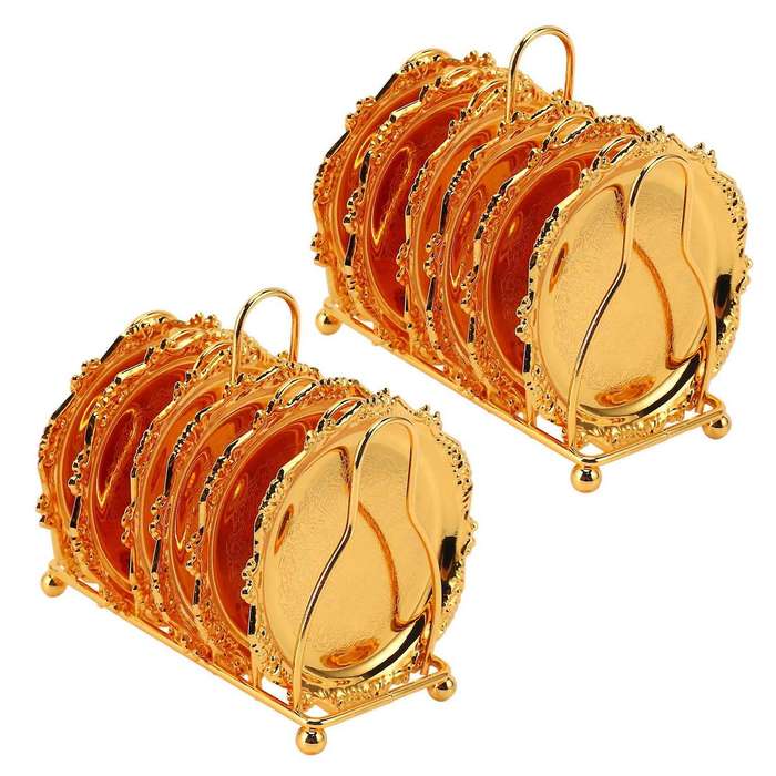 12 Piece Roller Coaster Non-slip Metal Coaster with Pole Frame (gold)