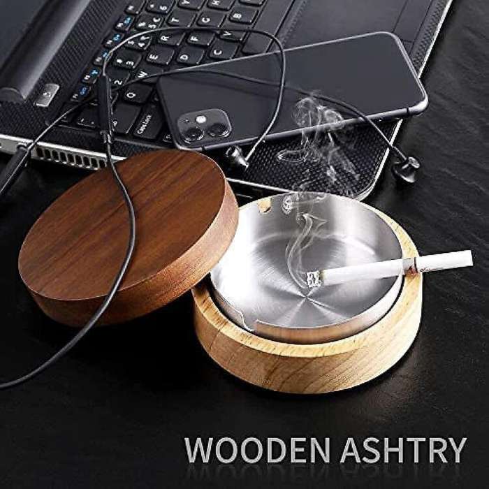 2 Pcs Wood Creative Home Office Ashtray Stainless Steel Liner Ashtray