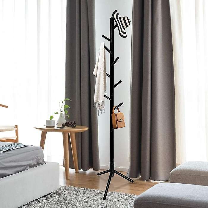Wooden Coat Rack with Hooks, Free Standing Coat Tree Hanger, Black