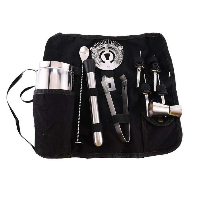 12pcs Stainless Steel Cocktail Shaker Set Bartenders Roll Up Kit Bag