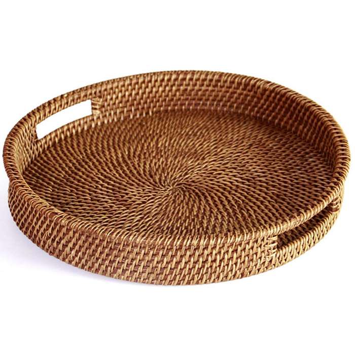Rattan Tray with Handle-hand-woven Tray with Rattan (round 13.5 Inch)