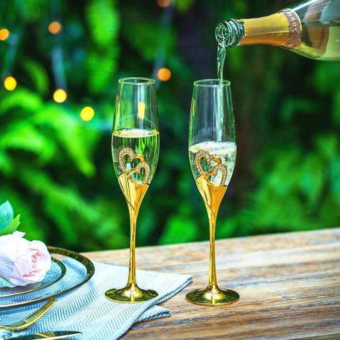 Wedding Champagne Glass Set with Rhinestone Rimmed for Wedding A