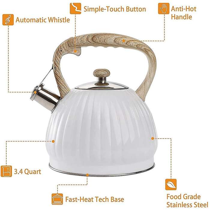 3.5l Tea Kettle for Stove Top with Wood Handle, White Pumpkin Shape