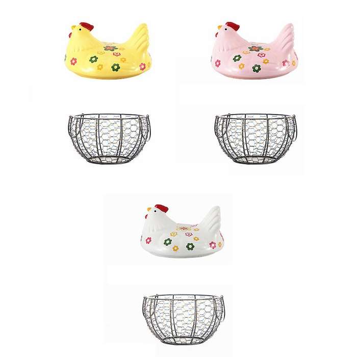 Iron Ceramic Hen Ornament Egg Fruit Storage Basket(pink)