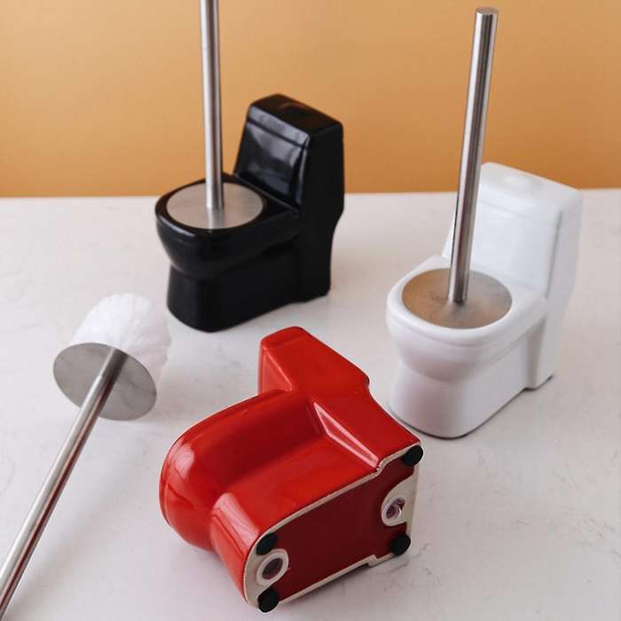 Handmade Toilet Brush Holder Set Ceramic Long Handle Red