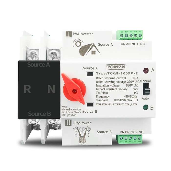 Tomzn 2p Din Rail Ats for Pv and Inverter Selector Switches 100a