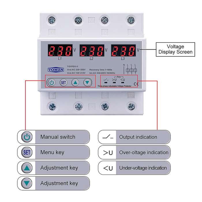 Tomzn Three Phase Adjustable Over and Under Voltage Protector 63a