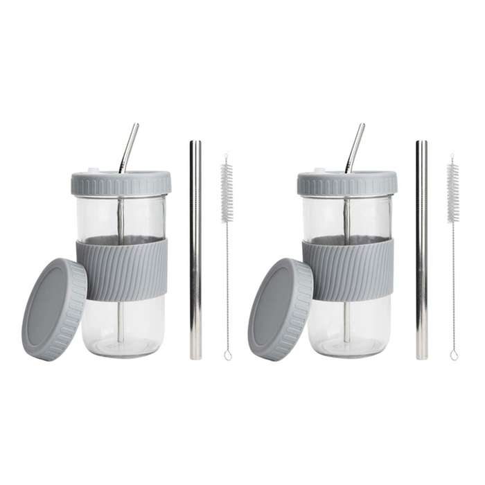 2x 22oz Reusable Boba Cup Mason Jar Cups with Lids and Straws-gray