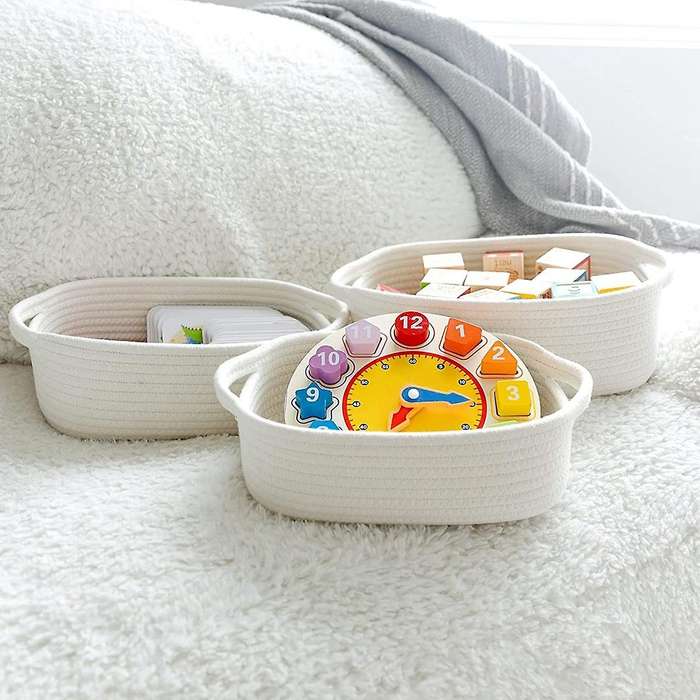 Rectangle Storage Basket Set Cotton Rope Woven Baskets White