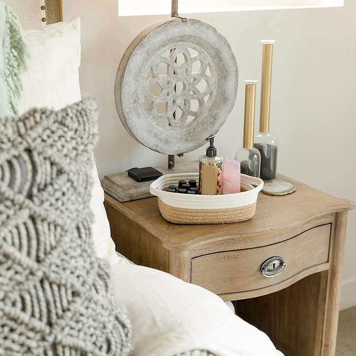 Rectangle Storage Basket Set Cotton Rope Woven Baskets Brown+white