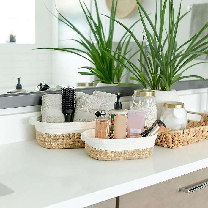 Rectangle Storage Basket Set Cotton Rope Woven Baskets Brown+white