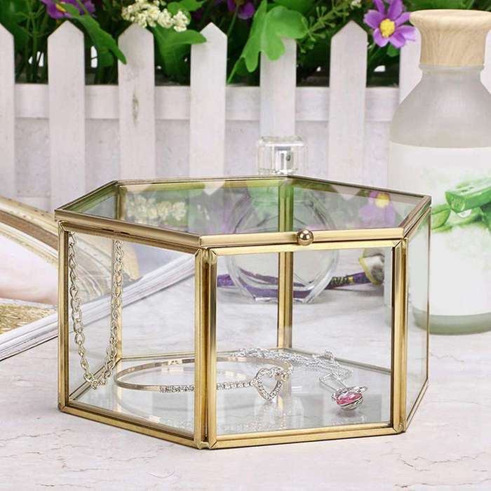 Glass Vintage Jewelry Box Golden Geometric Jewelry Display (large)