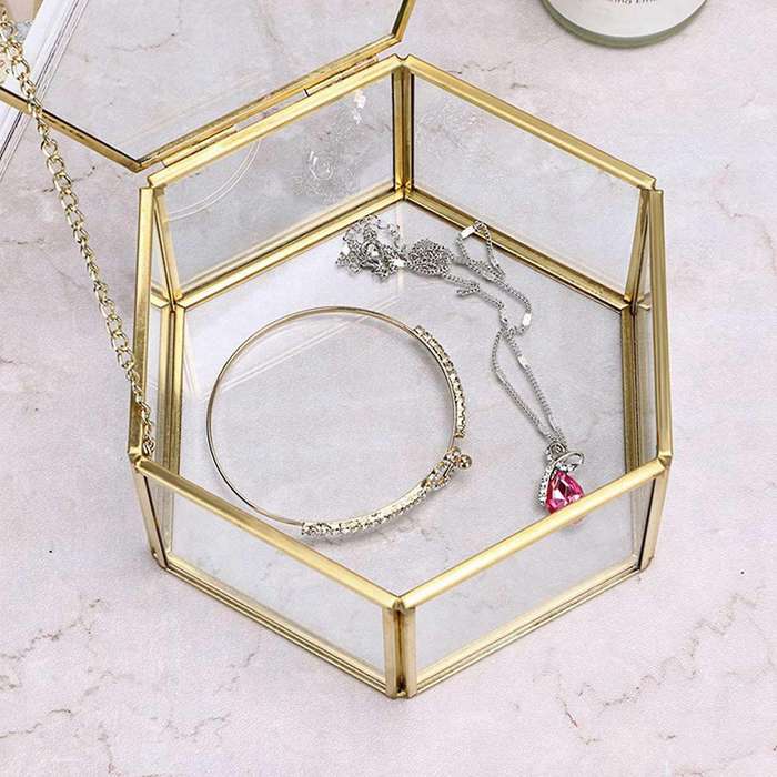 Glass Vintage Jewelry Box Golden Geometric Jewelry Display (large)