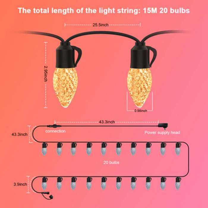 15m Patio Lights with 20 Colorful Led Bulbs, with Remote Eu Plug