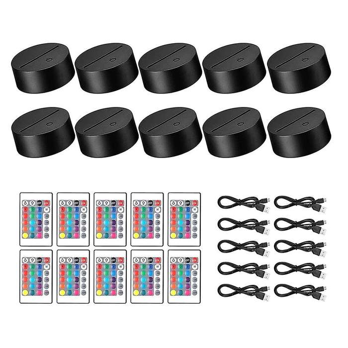 10 Pack 3d Night Led Light Lamp Base + Remote Control + Usb Black