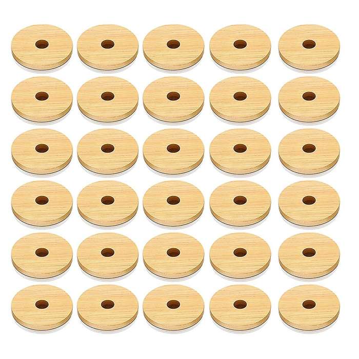 Bamboo Jar Lids with Straw Hole Reusable Jar Lids Leak Proof 30pcs