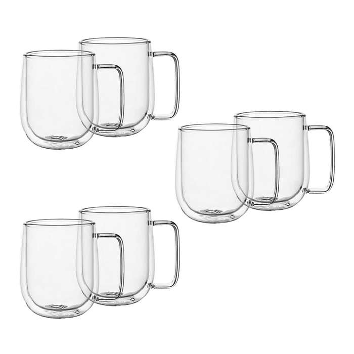 Double Wall Glass Coffee Mugs Tea Cups Set Of 6, with Handle (300ml)