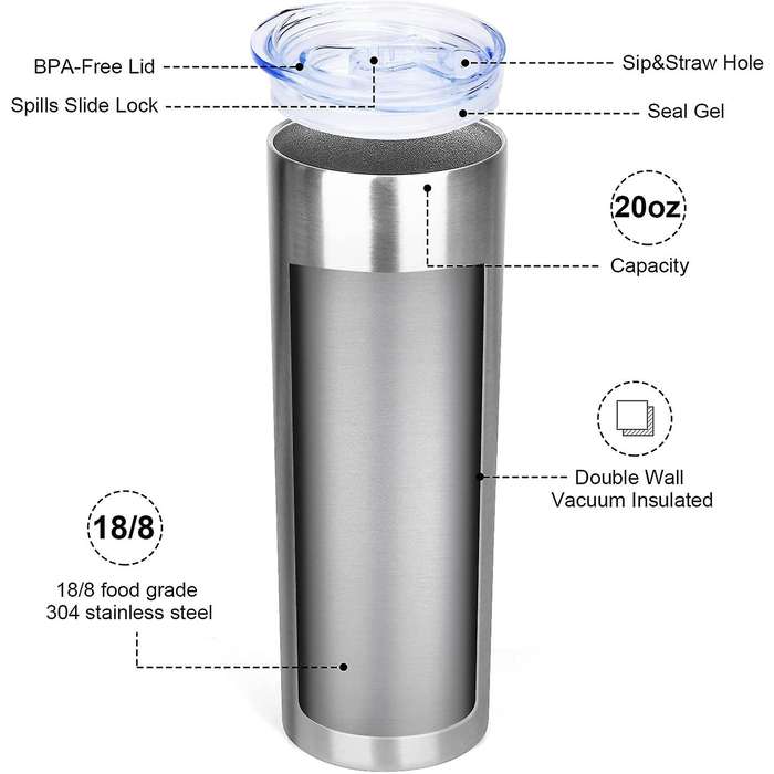 4 Pack Stainless Steel Tumbler 20oz Insulated Tumbler Cups-silver