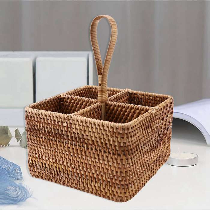 2x Wicker Straw Four Compartment Classification Storage Basket C
