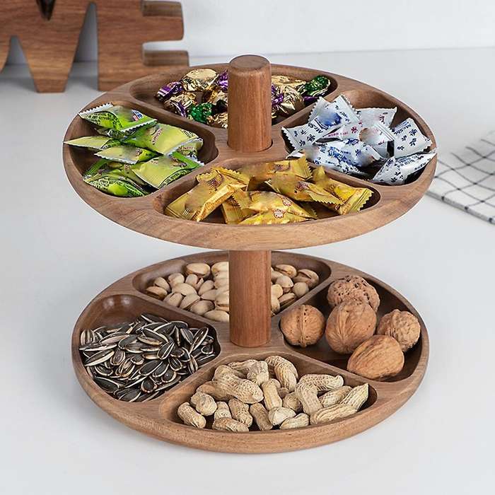 Creative Double Layer Wooden Storage Trays Nordic Style Dark Brown