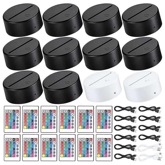 12 Pack 3d Night Led Light Lamp Base + Remote Control + Usb Cable