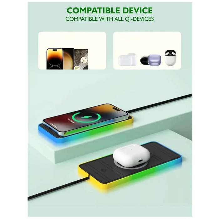 Car Wireless Charger with Breathing Light RGB Car Anti-Slip Pad Wireless Charging Suitable for